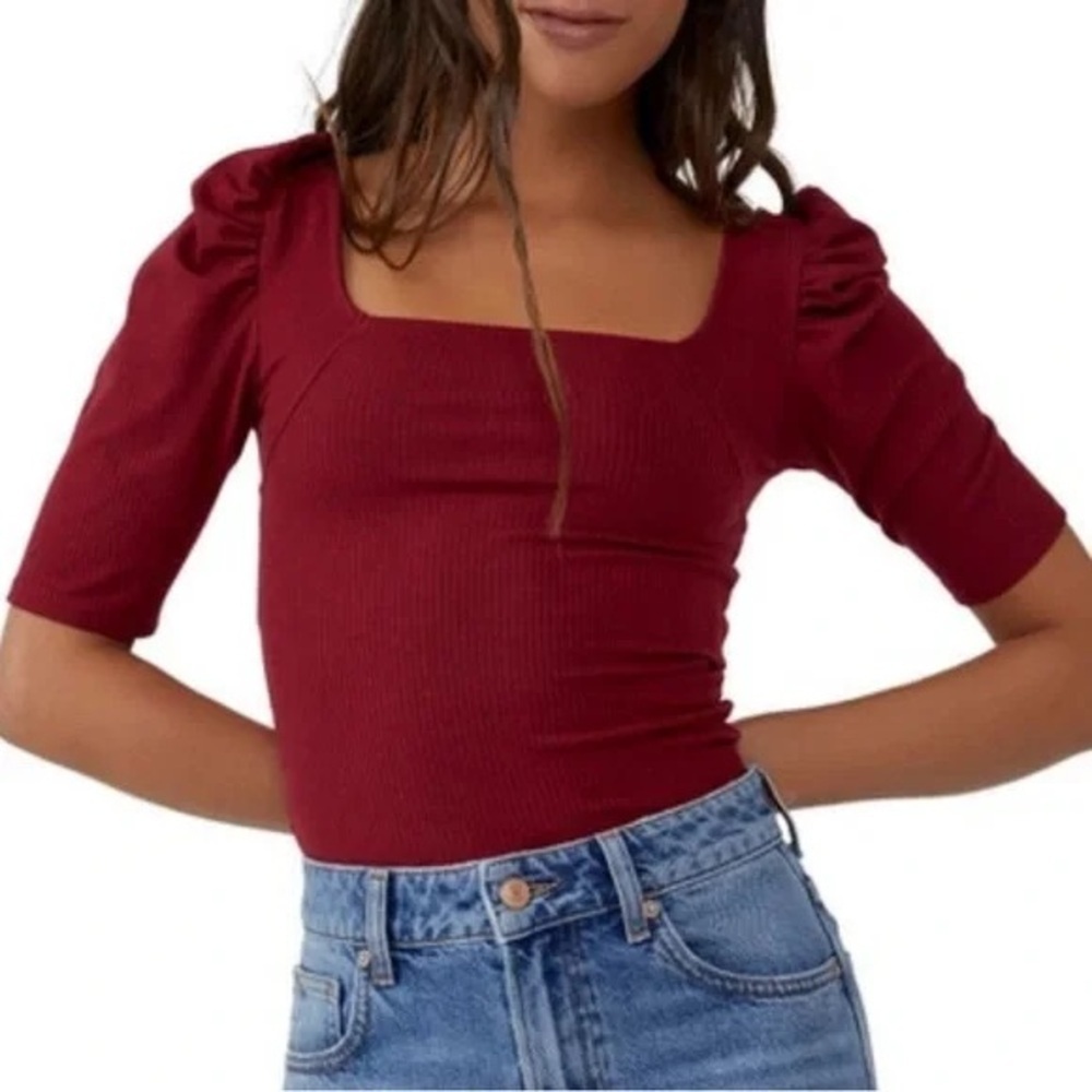 We The Free  Burgundy Wine Square Neck Puff Sleeve Crop Top size x-large NWT